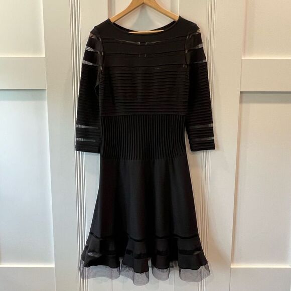 Tadashi Shoji Mesh Illusion Stripe Fit &
Flare Dress Black 3/4 Sleeves Size XS - Picture 3 of 16